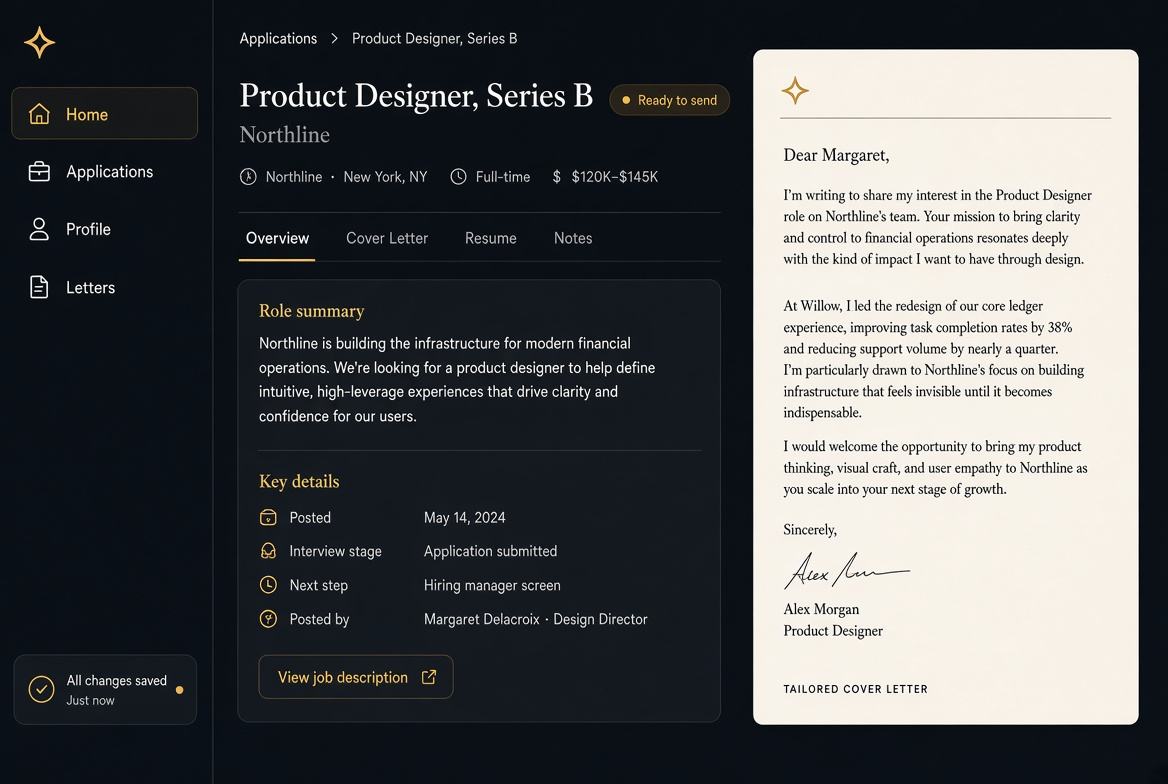 Apply Magic workspace with a tailored cover letter ready to send